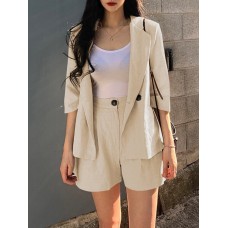 Solid 3 4 Sleeve Lapel Elastic Waist Two Pieces Suit