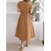 Solid Drawstring Short Sleeve Round Neck Casual Midi Dress