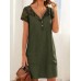 Solid Button Pocket Patchwork Hollow Out Short Sleeve Casual Dress