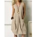 Leisure Solid Pocket Zip Sleeveless Cotton Midi Dress