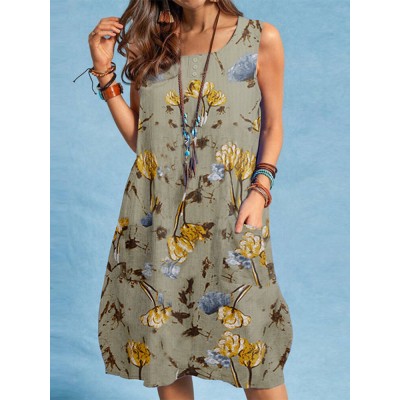 Plant Print Button Pocket Sleeveless Round Neck Print Midi Dress