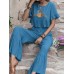 Embroidery Drawstring Waist Ruffle Wide Leg Two Pieces Suit