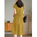 Solid Pocket Drawstring Waist Button V  neck Short Sleeve Dress