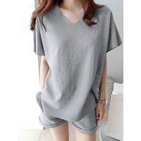 Leisure Solid Pocket V Neck Short Sleeve Suit