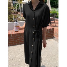 Solid Button Knotted Lapel Casual Shirt Dress