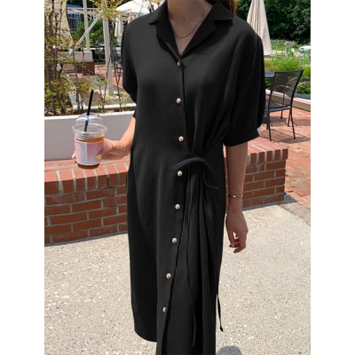 Solid Button Knotted Lapel Casual Shirt Dress