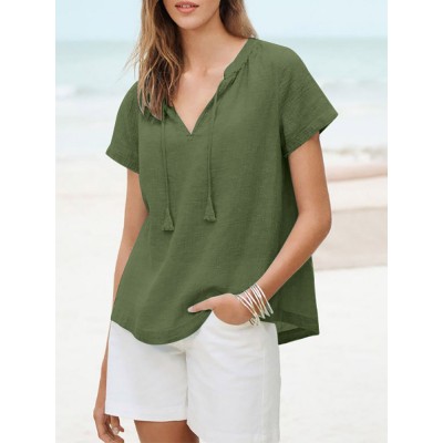 Solid Tassel Knotted V Neck Casual Blouse