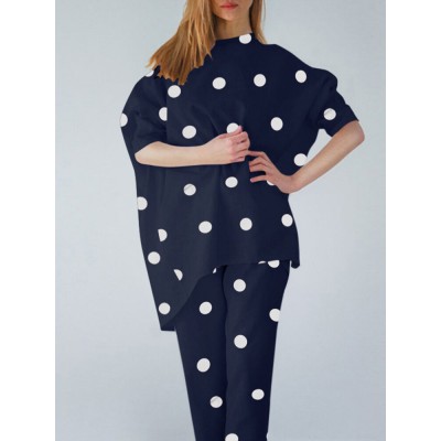 Polka Dot Irregular Hem Elastic Waist Casual Suit