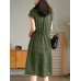 Solid Pocket Drawstring Waist Button V  neck Short Sleeve Dress