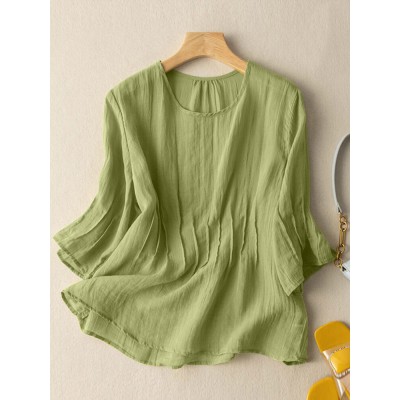 Solid Crew Neck Casual Women 3 4 Sleeve Blouse