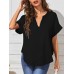 Solid V Neck Short Sleeve Loose Casual Blouse