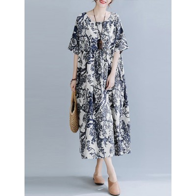 Plant Print Pocket Round Neck Cotton Dress