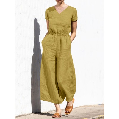 Solid Pocket Elastic Waist Short Sleeve Casual Cotton Jumpsuit