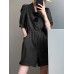 Solid Button Pocket Elastic Waist Lapel Short Sleeve Casual Romper