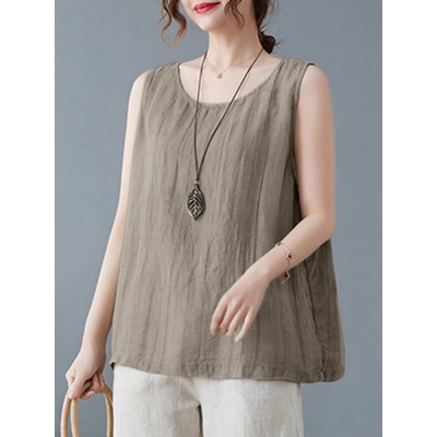 Cotton Solid Round Neck Sleeveless Casual Tank Top