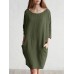 Solid Color 3 4 Sleeve O  neck Pocket Cotton Dress