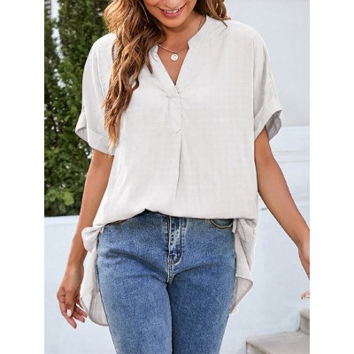 Solid Split Roll Sleeve High  Low Hem Casual Blouse