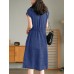 Solid Pocket Drawstring Waist Button V  neck Short Sleeve Dress