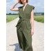 Solid Sash V Neck Pocket Sleeveless Casual Cotton Jumpsuit